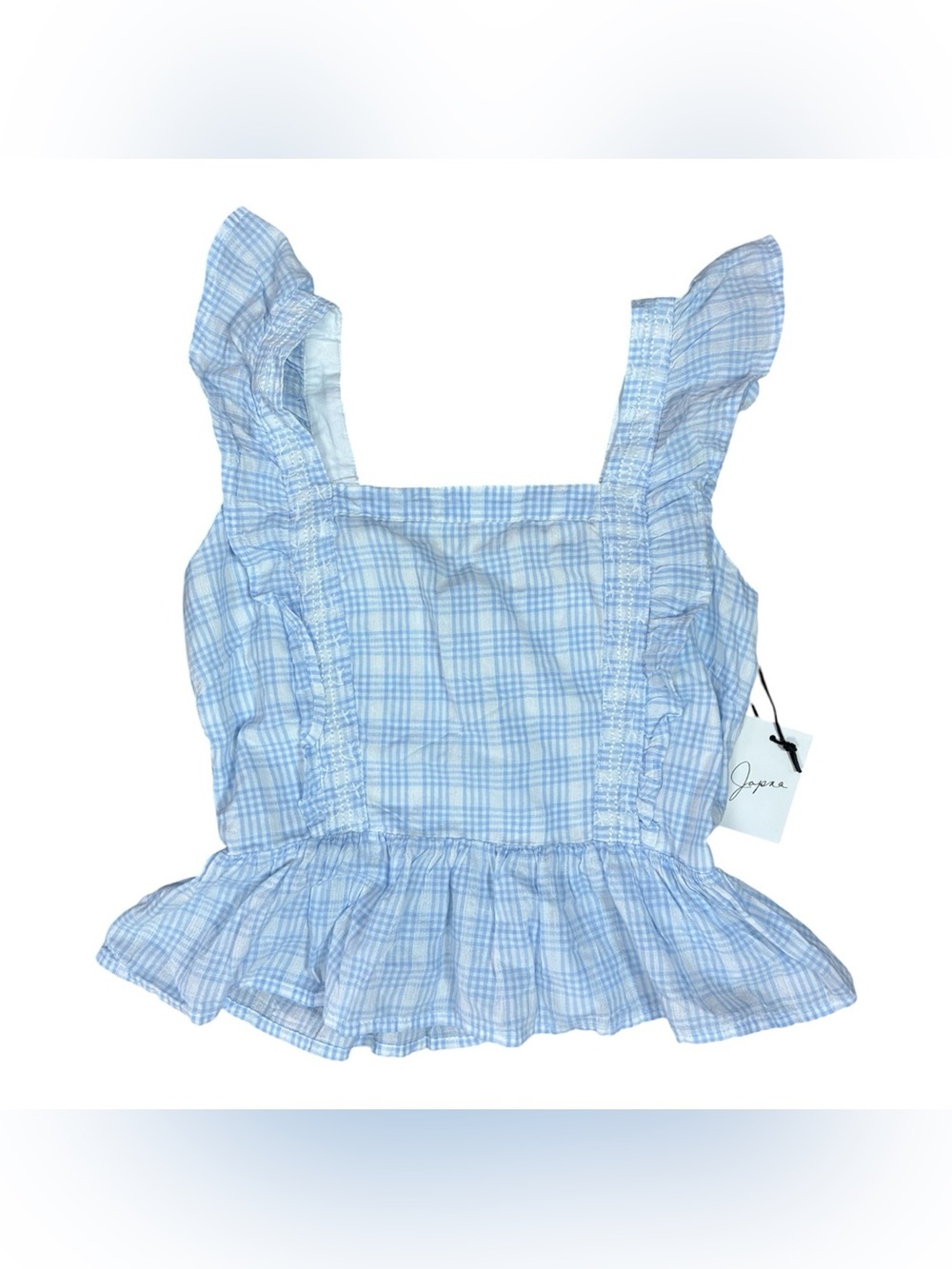 Japna Blue Gingham Plaid Flutter Sleeve Peasant Top Small NWT